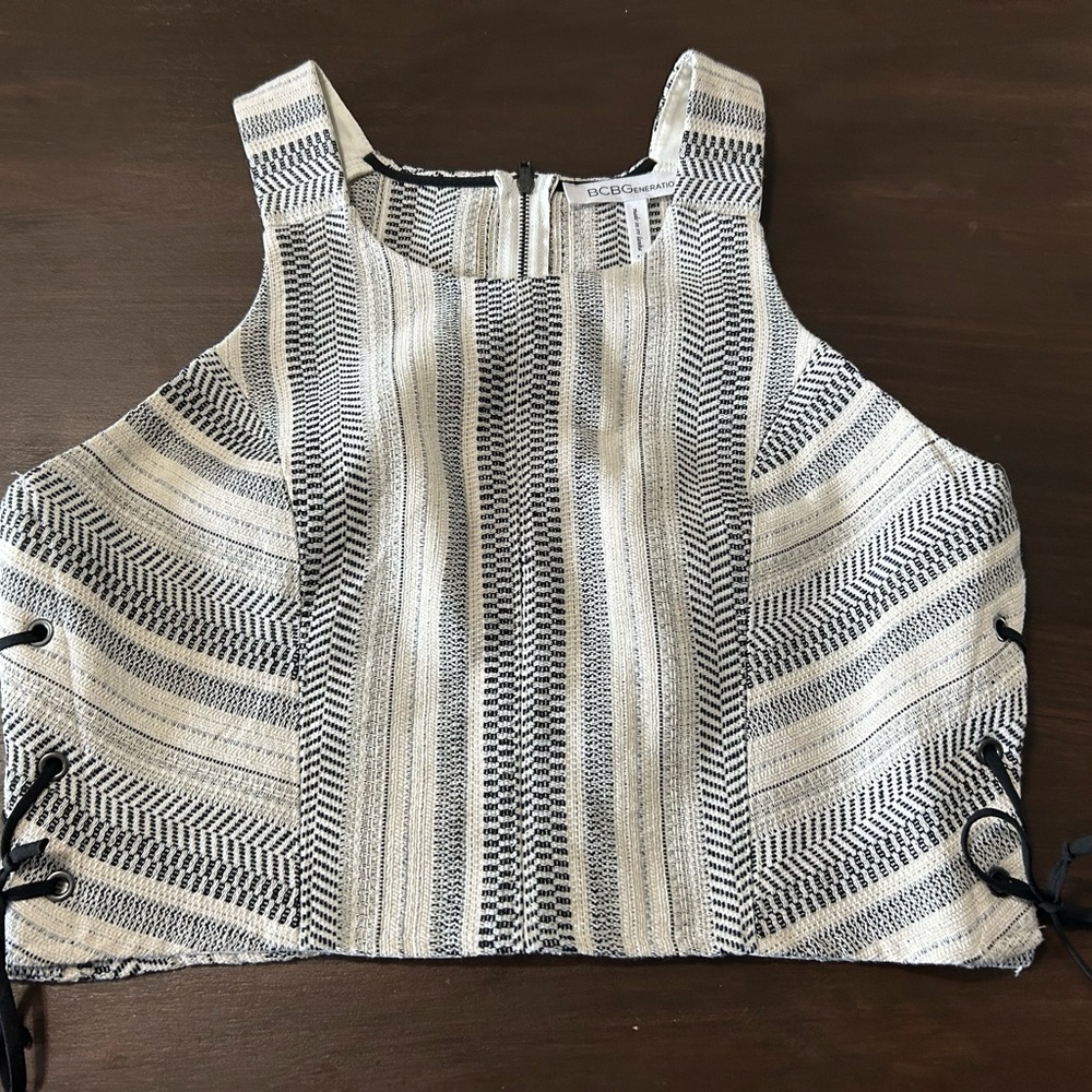 BCBGeneration Cream & Black Striped Lace-Up Crop Top